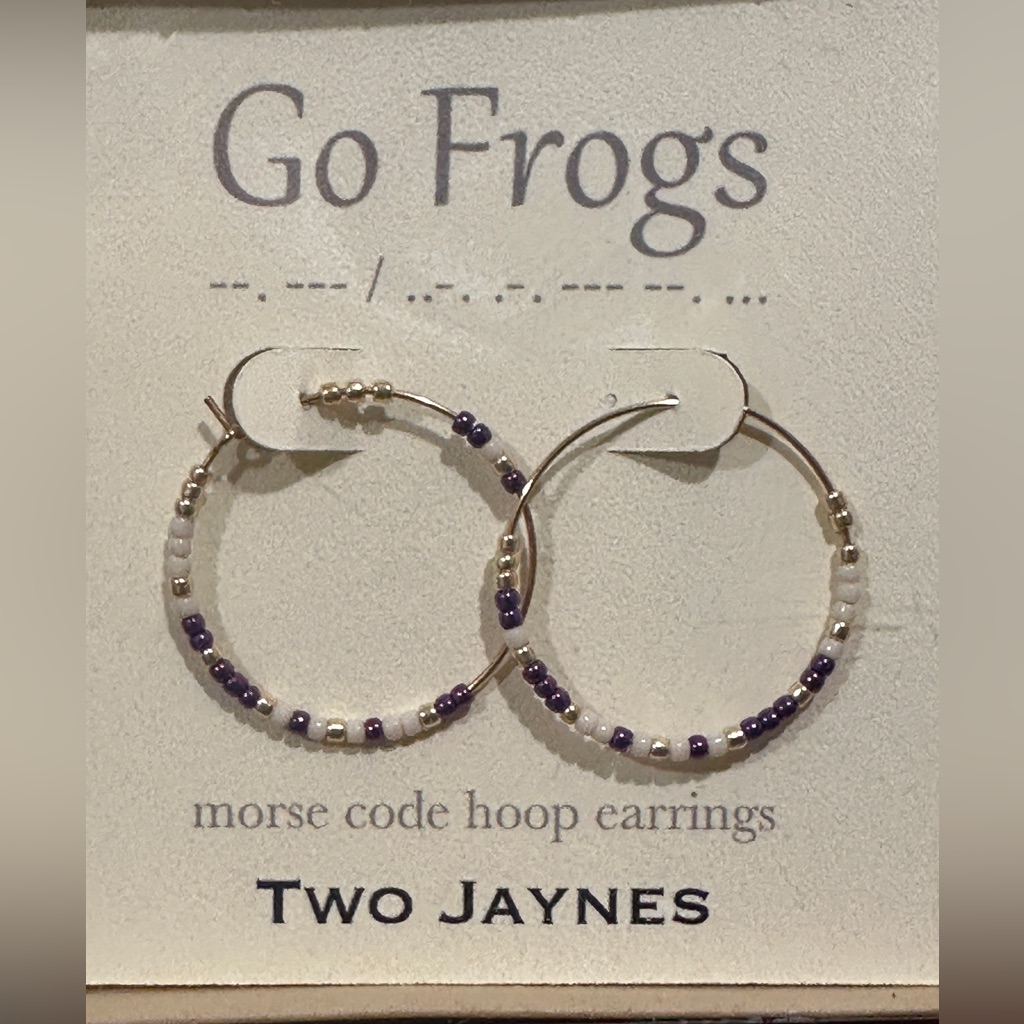 Tcu Purple And White Beaded Morse Code Hoop Earrings Never Worn